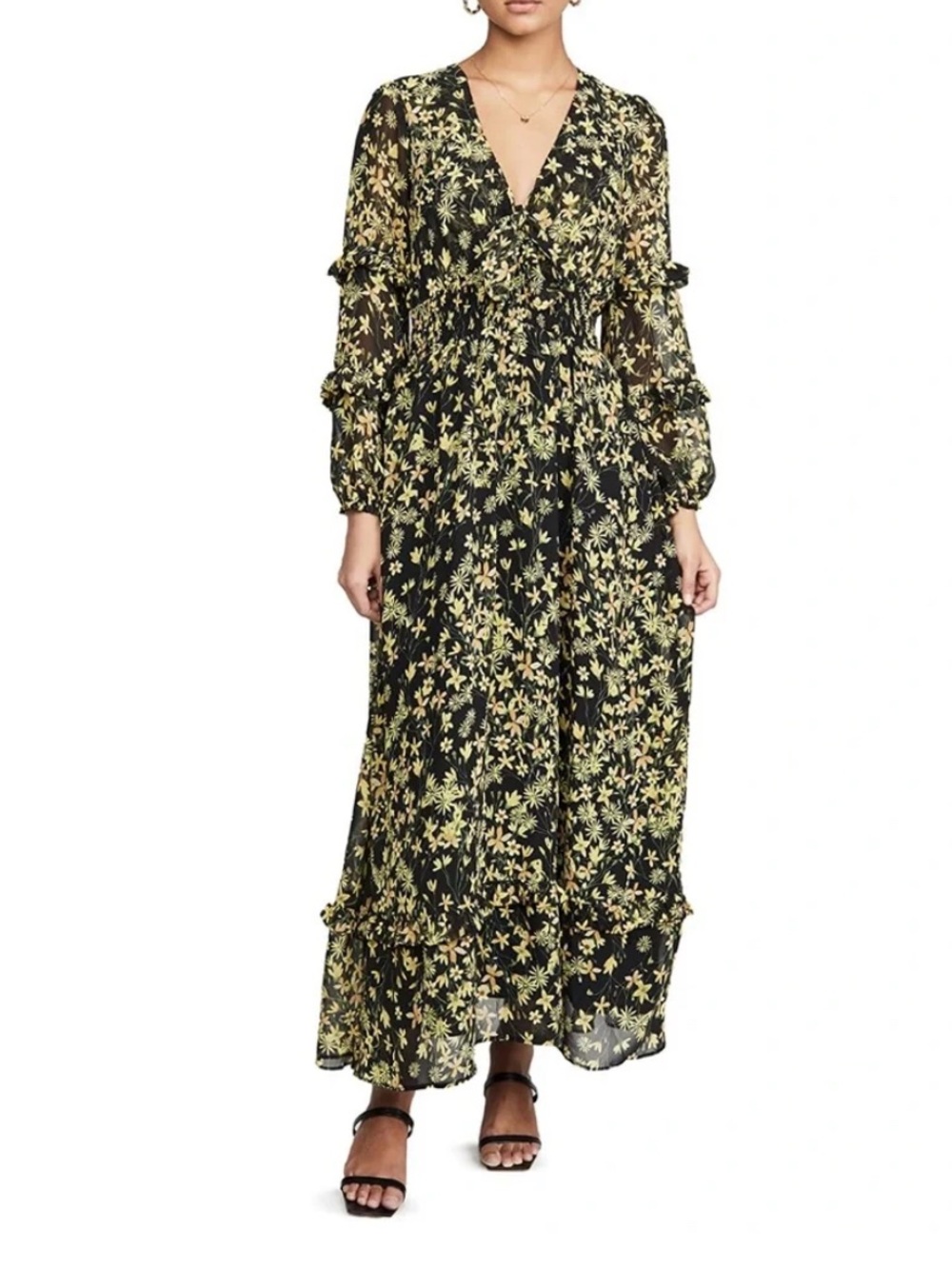 Lost + Wander Black Maxi Dress with Yellow Floral Print